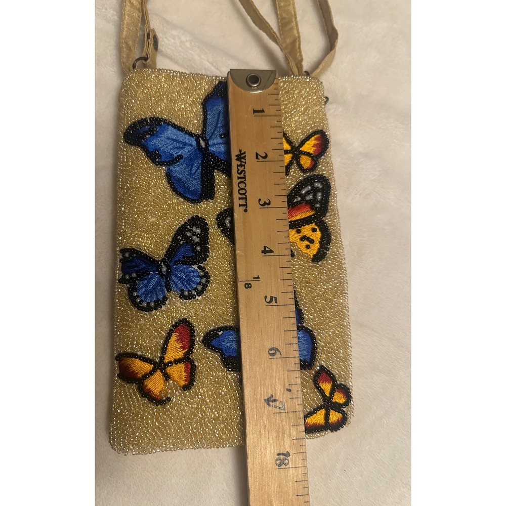 Beaded Butterfly Crossbody Phone Bag Gold Seed Bead Embroidered Small Pouch - Picture 11 of 15